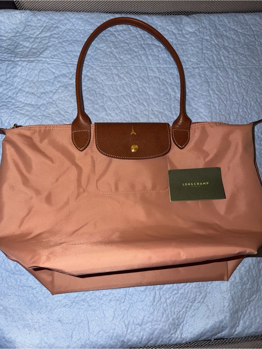 Longchamp Le Pliage Tote in Dusty Rose with Brown Trim